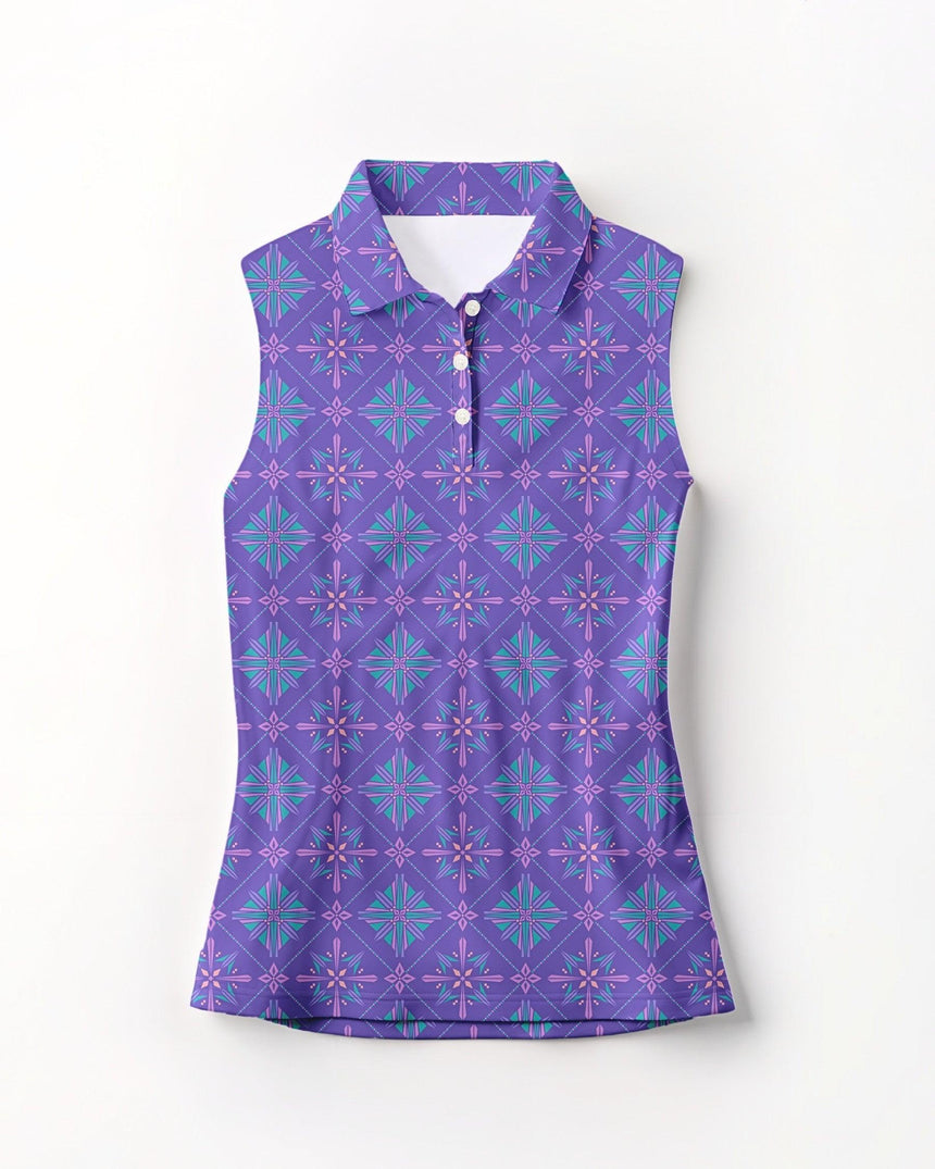 Purple sleeveless shirt with geometric pattern on a white background
