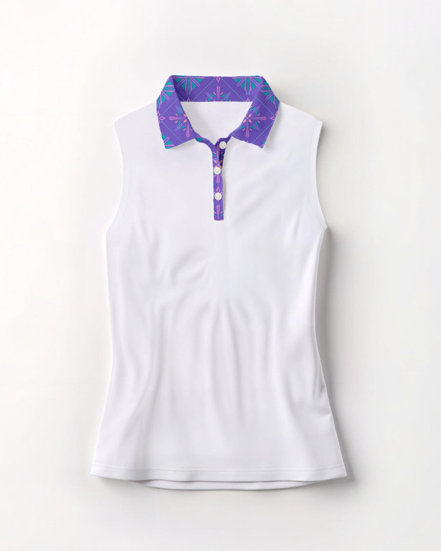White sleeveless polo shirt with a purple patterned collar on a white background