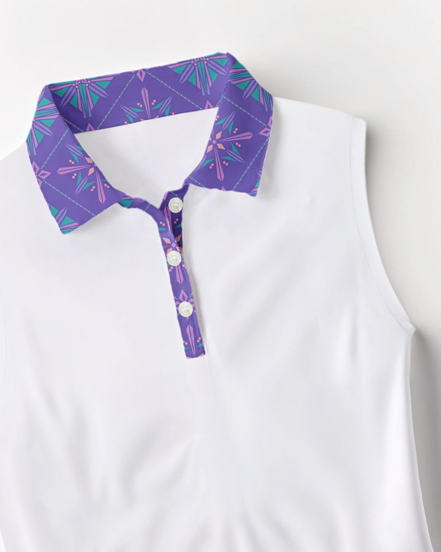 White sleeveless shirt with a purple patterned collar on a light gray background