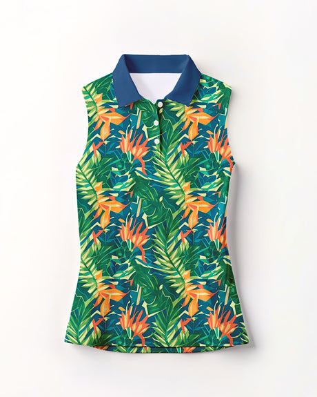 Sleeveless shirt with tropical leaf pattern on a white background