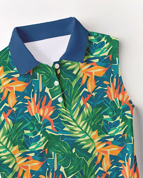 Tropical patterned shirt with blue collar on a white background