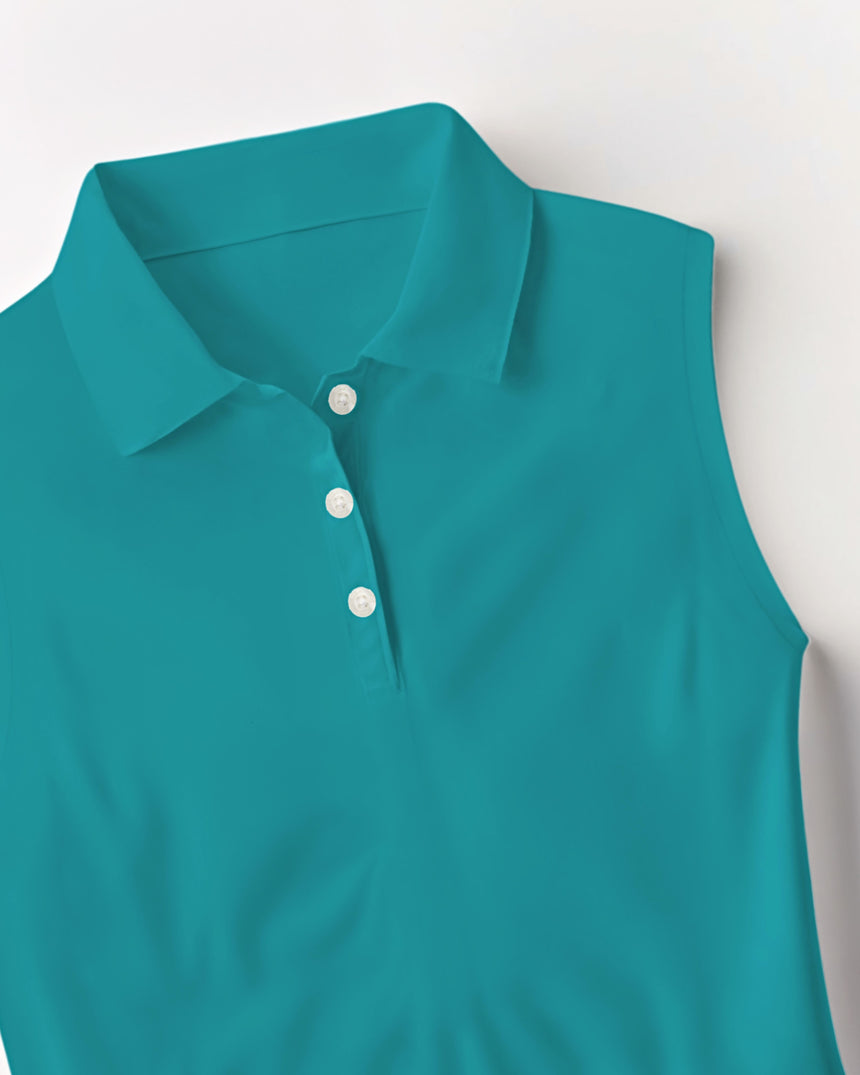 Teal sleeveless shirt with white buttons on a light gray background