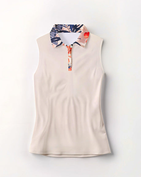 Beige sleeveless golf polo with a colorful floral collar on a white background