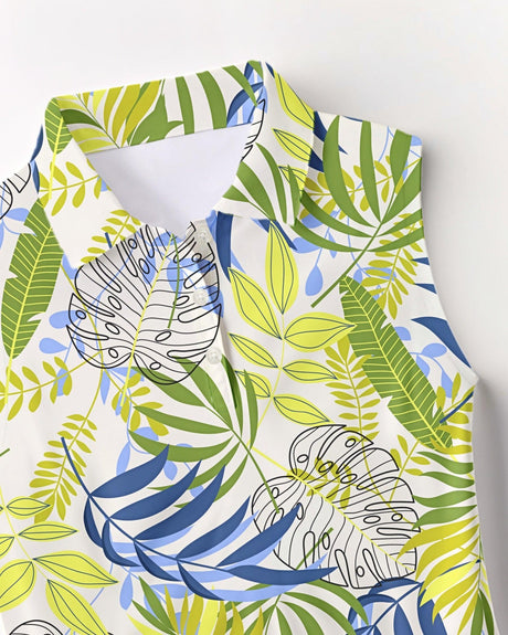Sleeveless polo shirt with tropical leaf pattern on a white background