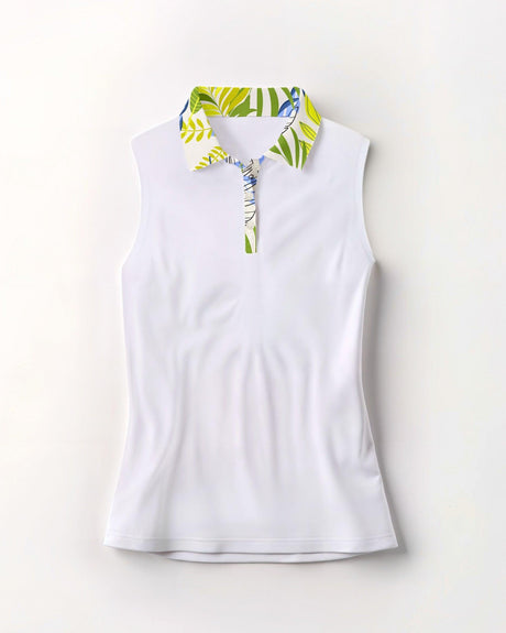 White sleeveless golf polo with colorful collar on a light gray background