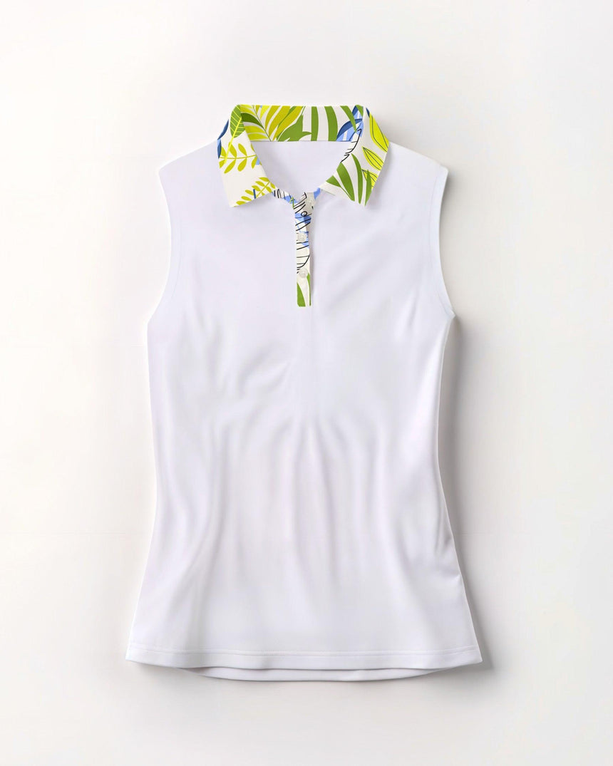 White sleeveless golf polo with colorful collar on a light gray background