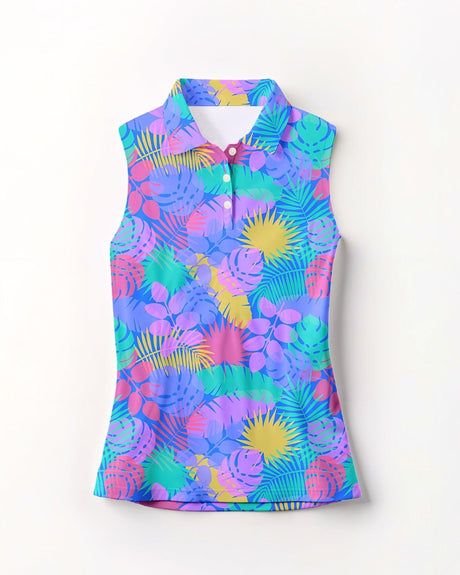 Colorful sleeveless golf polo with floral pattern on a white background