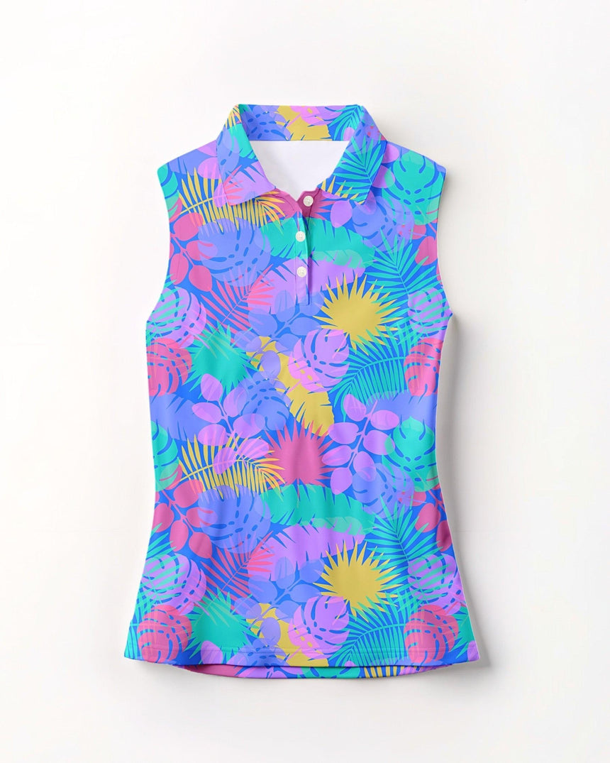 Colorful sleeveless golf polo with floral pattern on a white background