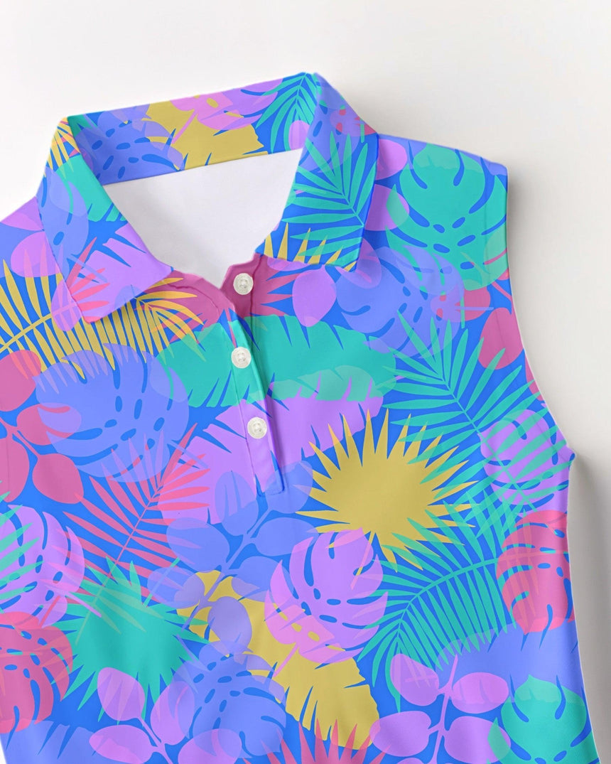 Colorful tropical patterned golf polo on a white background