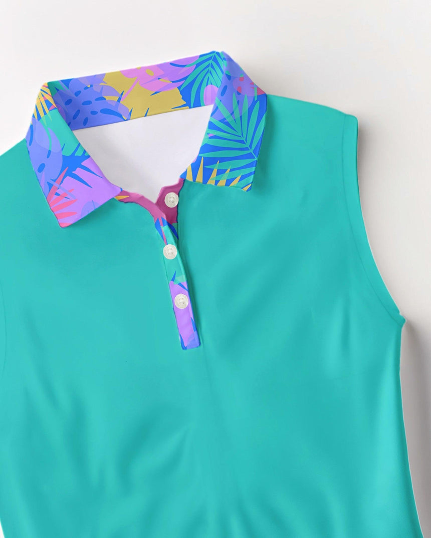 Teal sleeveless shirt with a colorful patterned collar on a white background