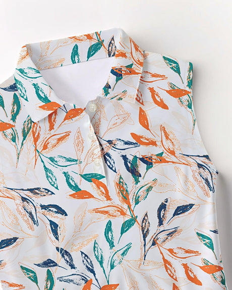 Golf polo shirt with colorful leaf pattern on a white background
