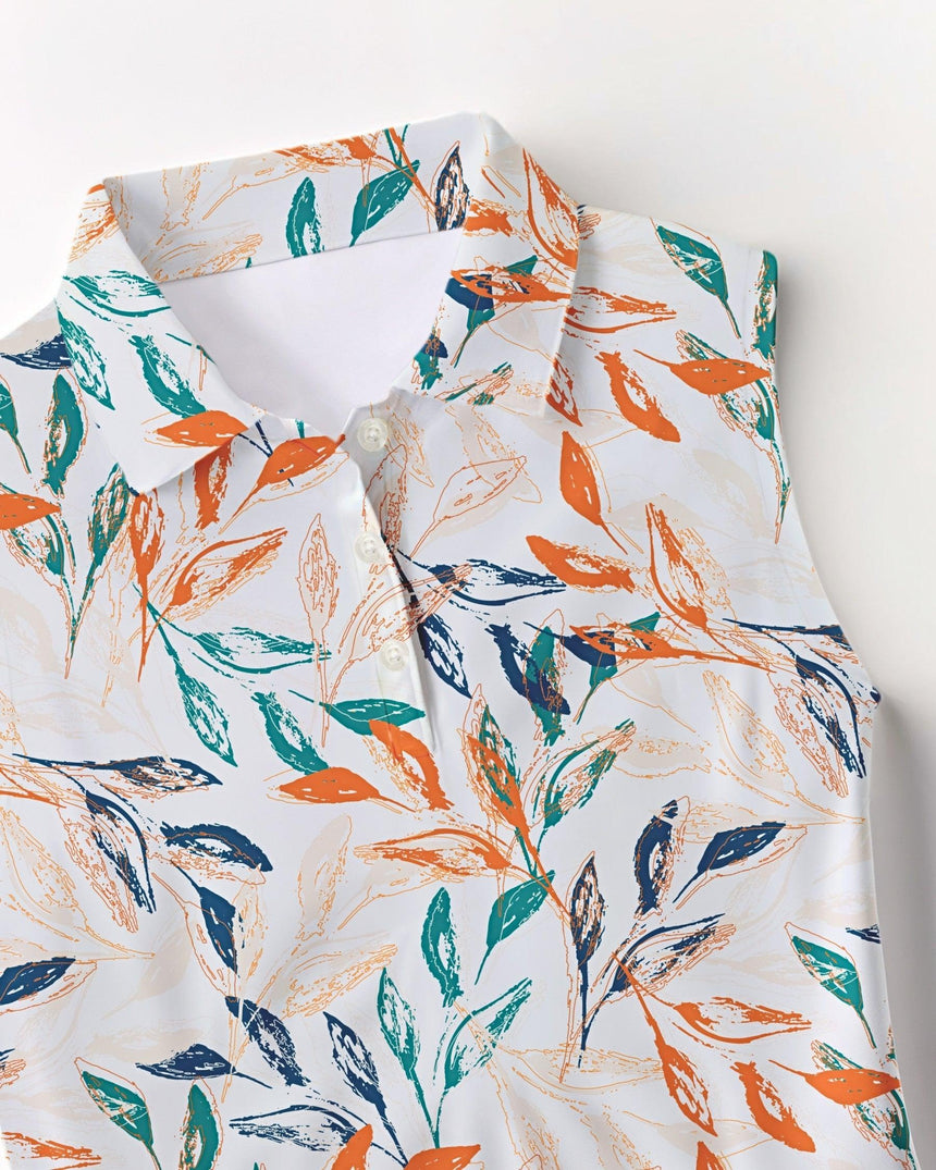 Golf polo shirt with colorful leaf pattern on a white background