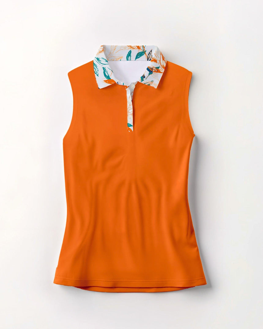 Orange sleeveless polo shirt with a patterned collar on a white background