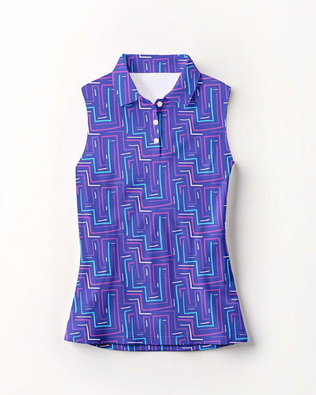 Purple geometric patterned sleeveless golf polo shirt on a white background