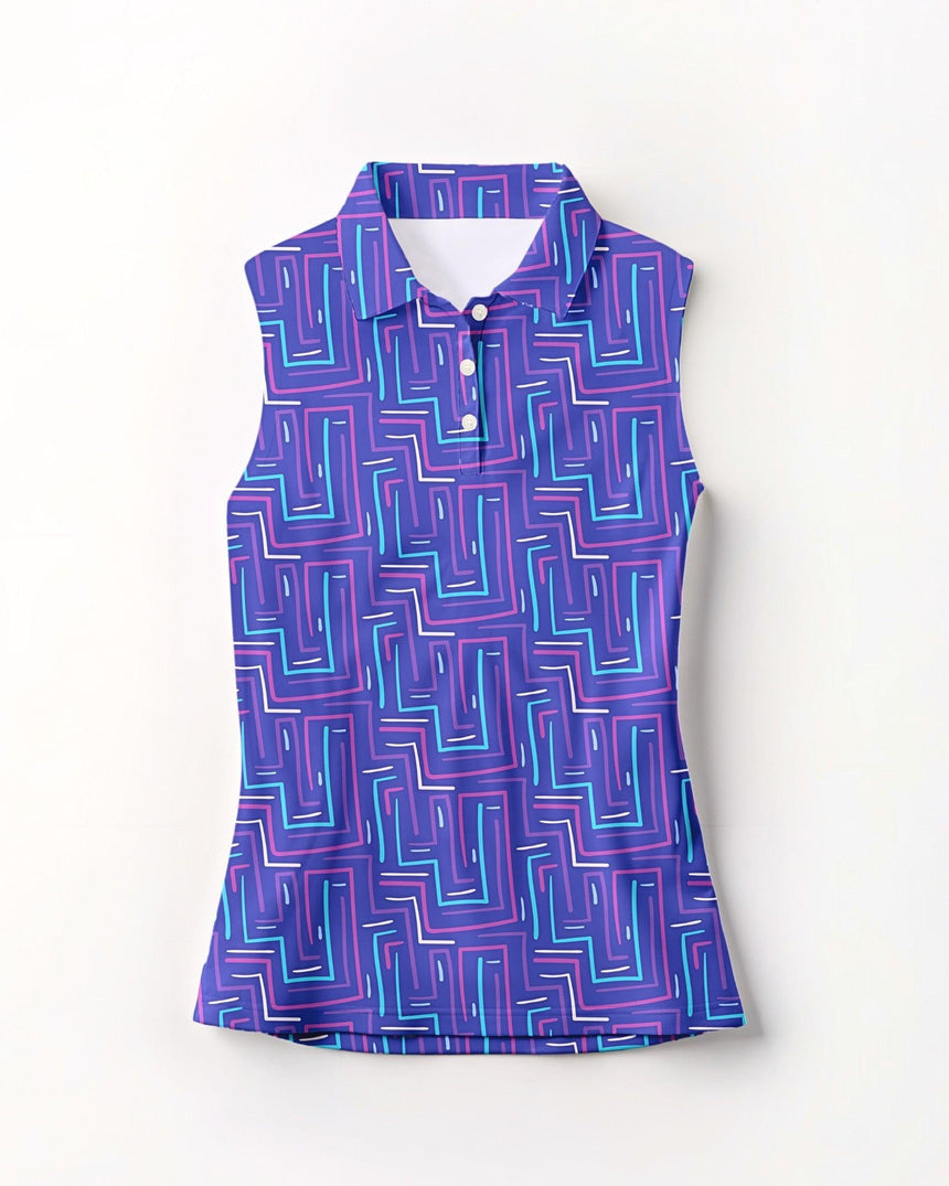Purple geometric patterned sleeveless shirt on a white background