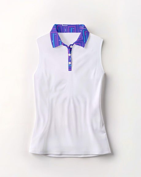 White sleeveless polo shirt with a patterned collar on a white background