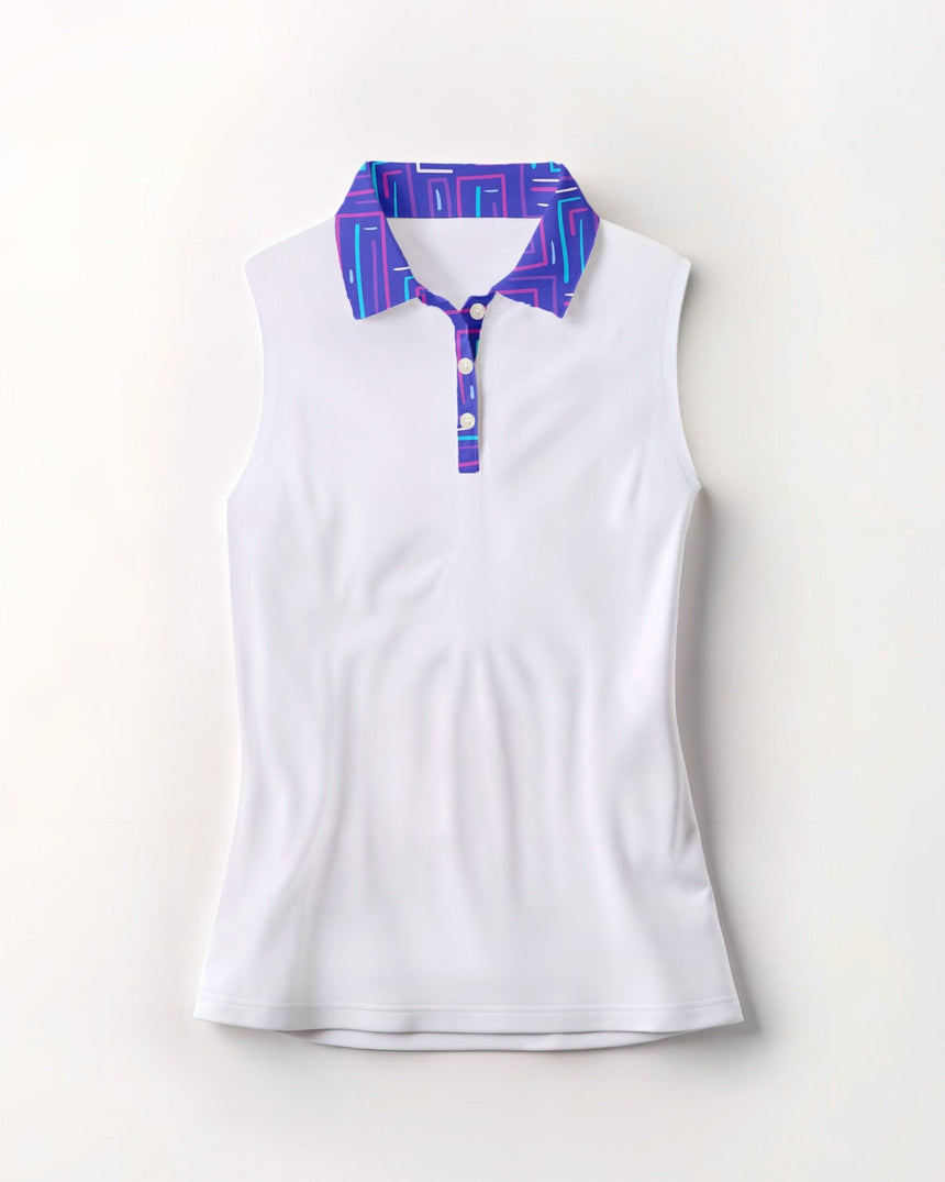 White sleeveless polo shirt with a patterned collar on a white background
