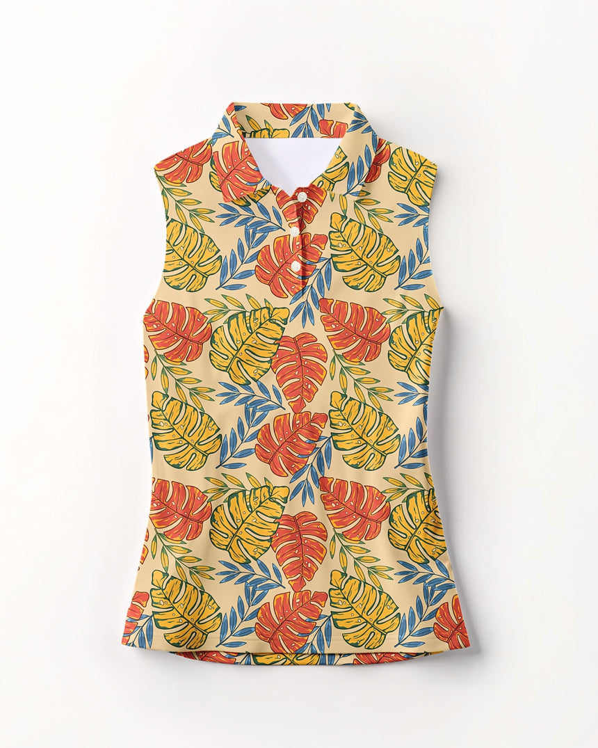 Sleeveless shirt with tropical leaf pattern on a white background