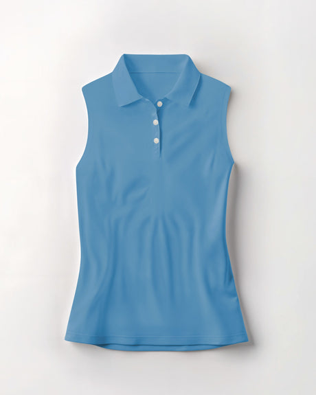 Blue sleeveless polo shirt on a white background