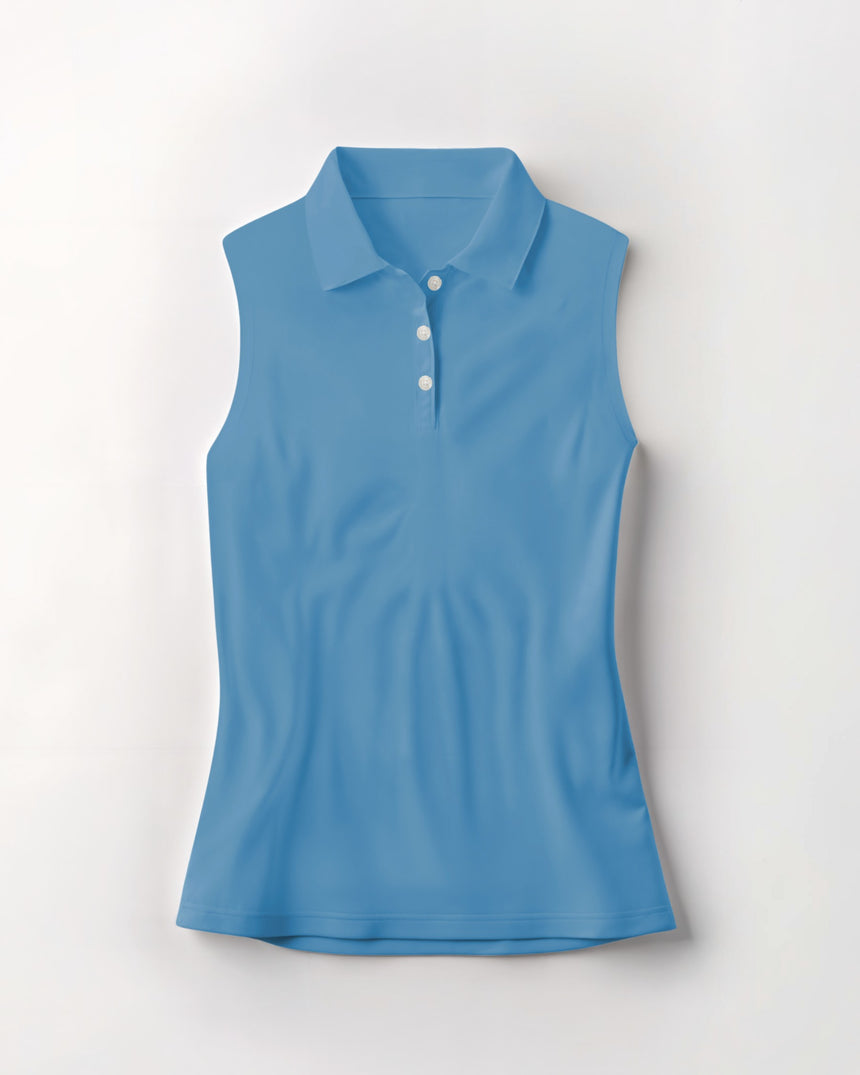 Blue sleeveless polo shirt on a white background