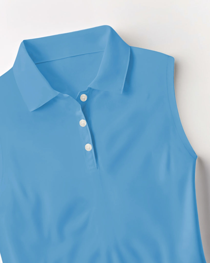Blue sleeveless shirt with a collar on a light gray background