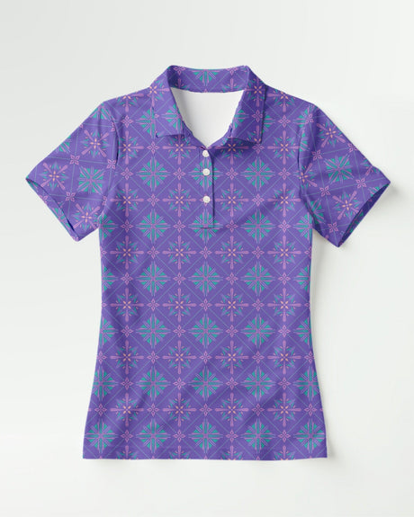 Purple patterned polo shirt on a white background