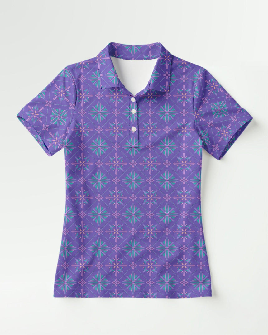 Purple patterned polo shirt on a white background