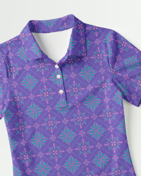 Purple polo shirt with geometric pattern on a white background