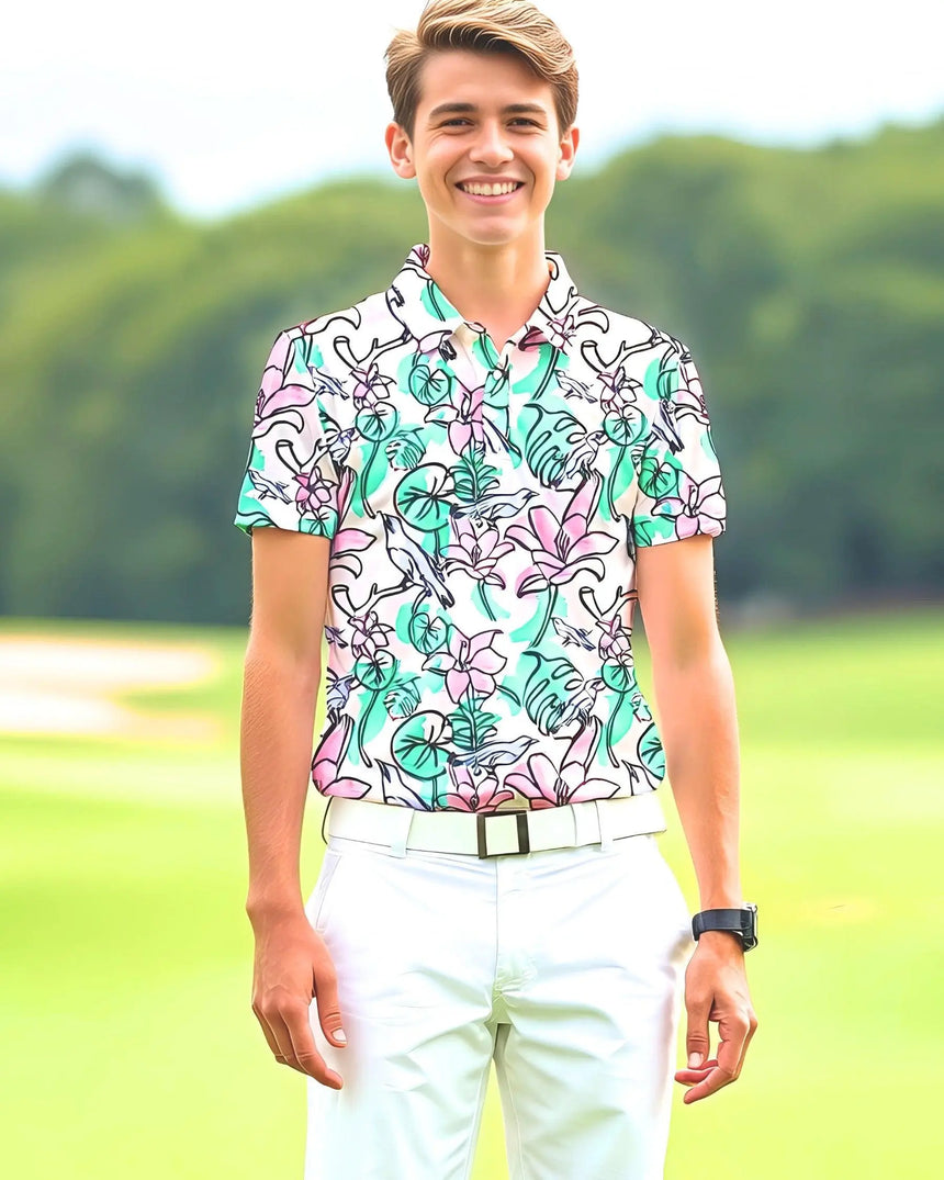 youth short sleeve golf polo in Birdies & Bogeys print - model wearing on course