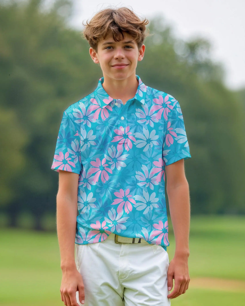 youth short sleeve golf polo in Floral Fadeaway print - model wearing on course