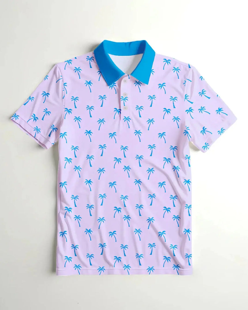 youth short sleeve golf polo in Palm Tree Pink print - front view