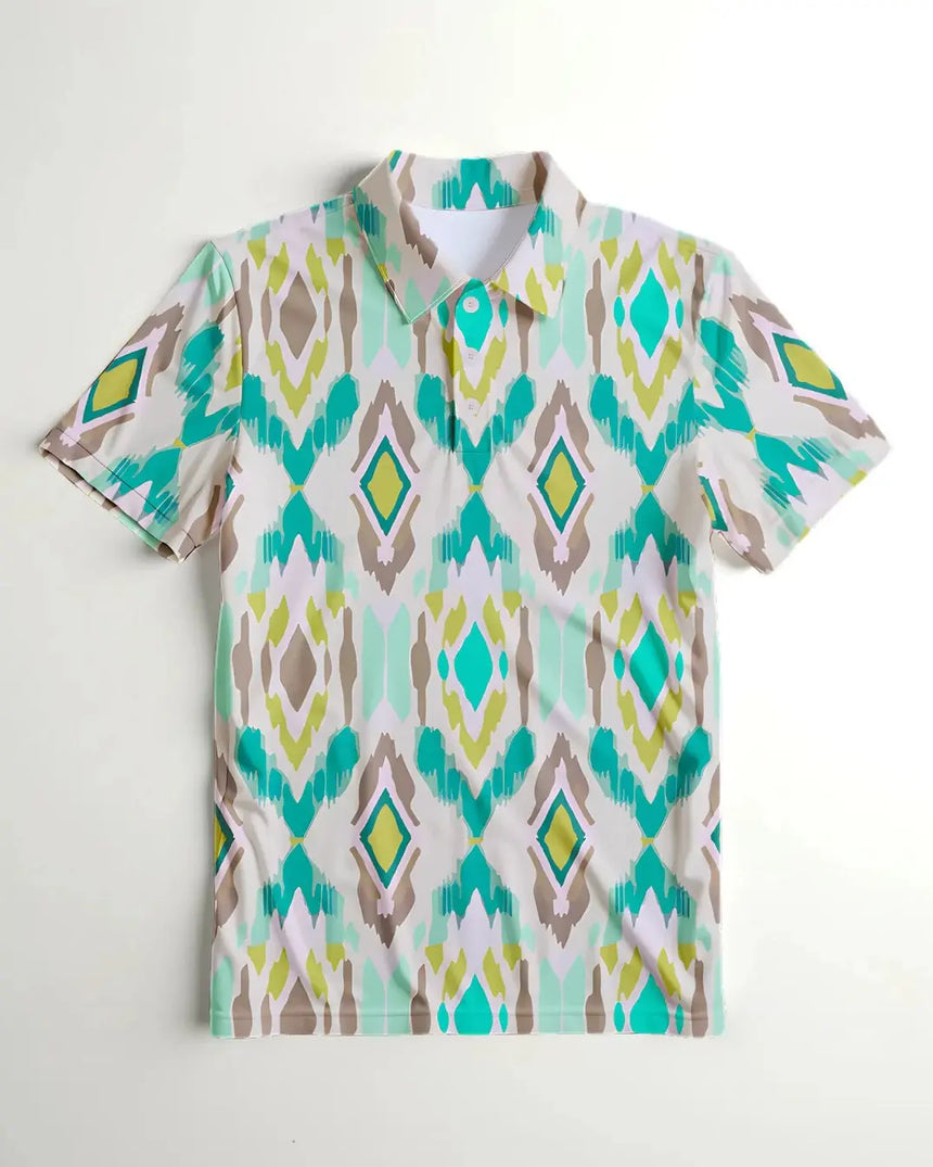 youth short sleeve golf polo in Par-tee Tribe print - front view