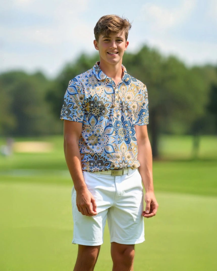 youth short sleeve golf polo in Retro Botanic print - model wearing on course
