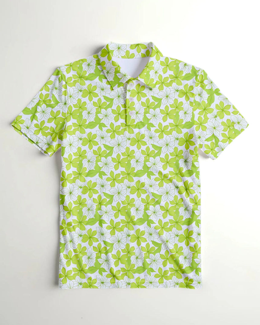 youth short sleeve golf polo in Spring Greens print - front view