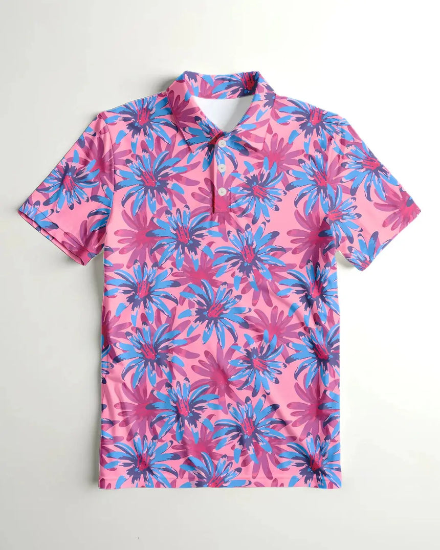 youth short sleeve golf polo in Tropical Bloomscape print - front view
