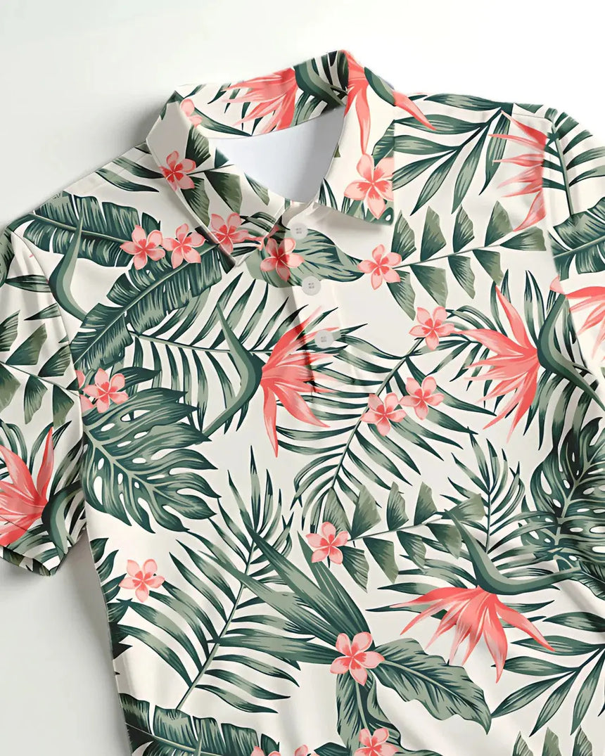 youth short sleeve golf polo in Tropical Fare print - fabric closeup front view