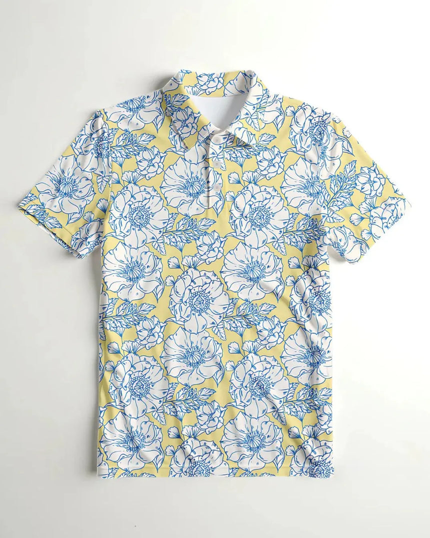 youth short sleeve golf polo in Vintage Peony print - front view