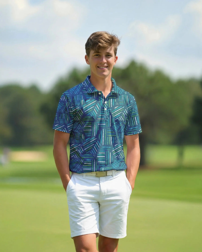 youth short sleeve golf polo in Wild Fairways print - model wearing on course