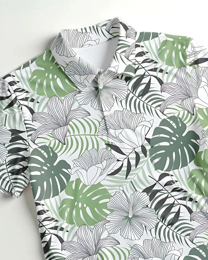 youth short sleeve golf polo in Zen Greens print - fabric closeup front view