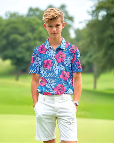 Teenage boy wearing a colorful floral golf shirt and white shorts