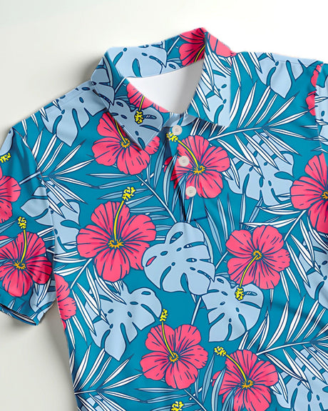 Hawaiian golf shirt with pink flowers and green leaves