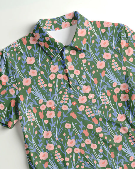Floral pattern golf polo shirt on a white background