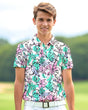Person wearing a colorful floral patterned golf shirt outdoors