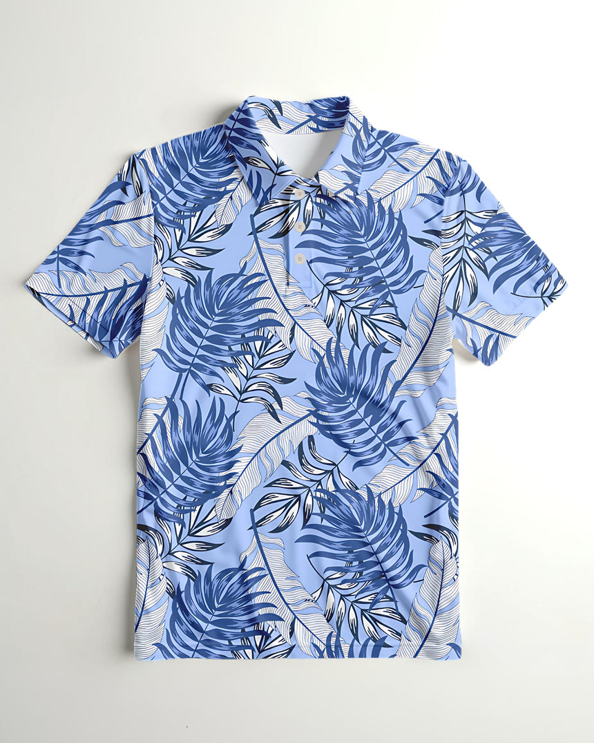 Blue leaf-patterned polo shirt on a light gray background