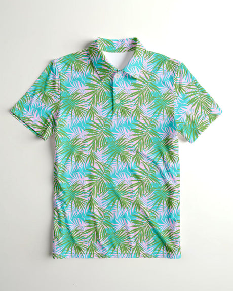 Short-sleeve shirt with a tropical leaf pattern on a light gray background