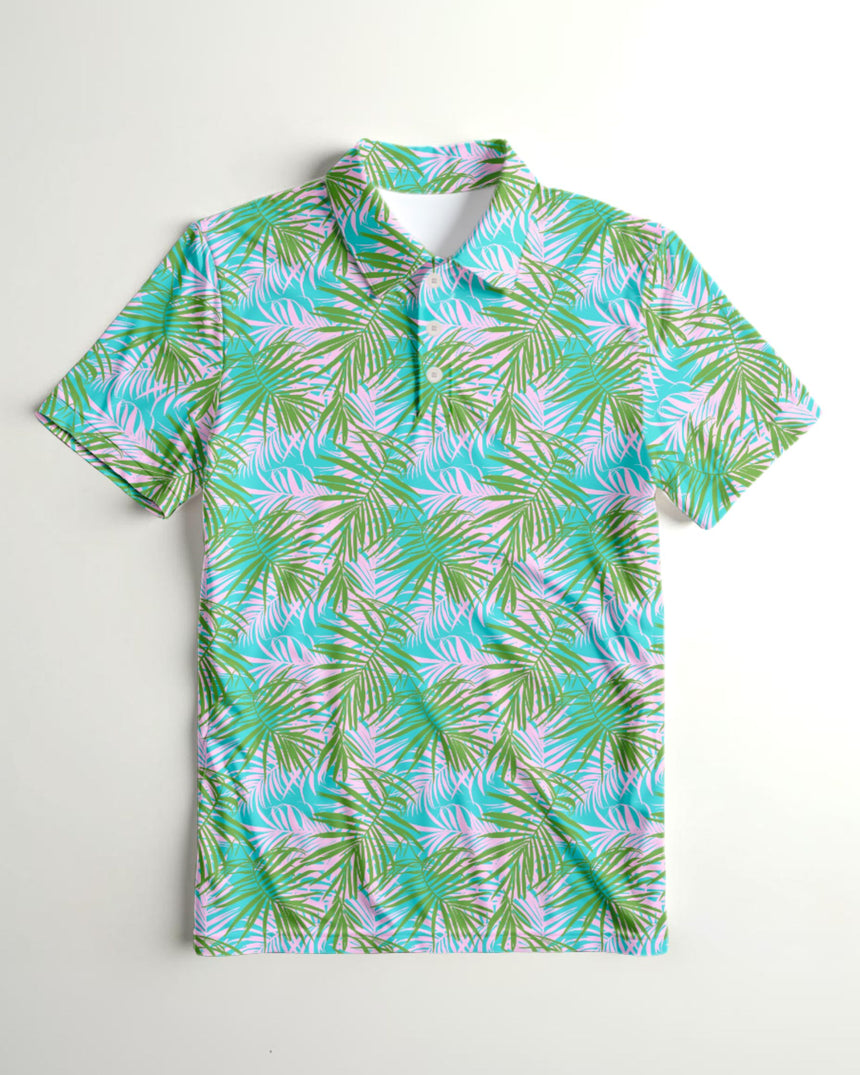Short-sleeve shirt with a tropical leaf pattern on a light gray background