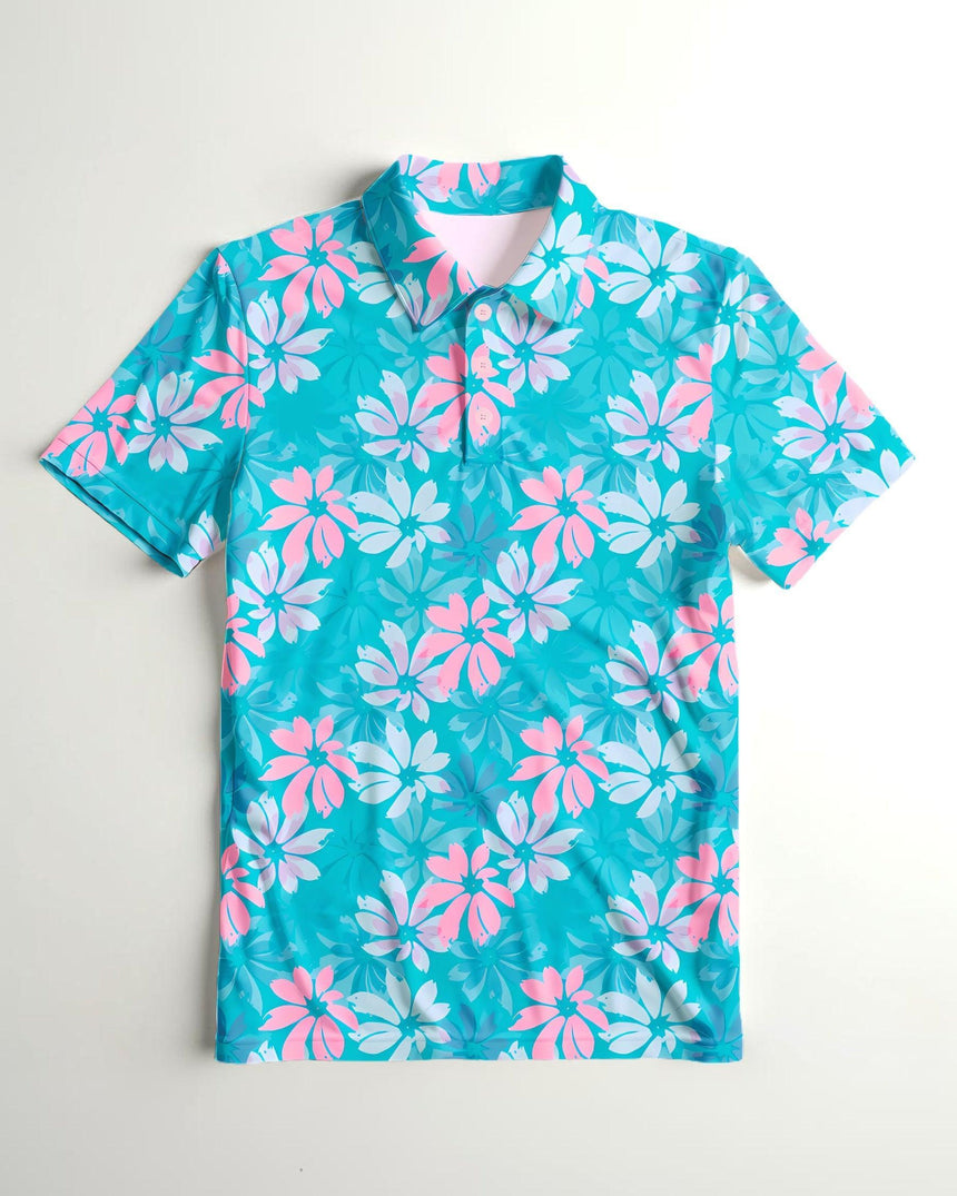 Floral patterned golf polo shirt on a white background