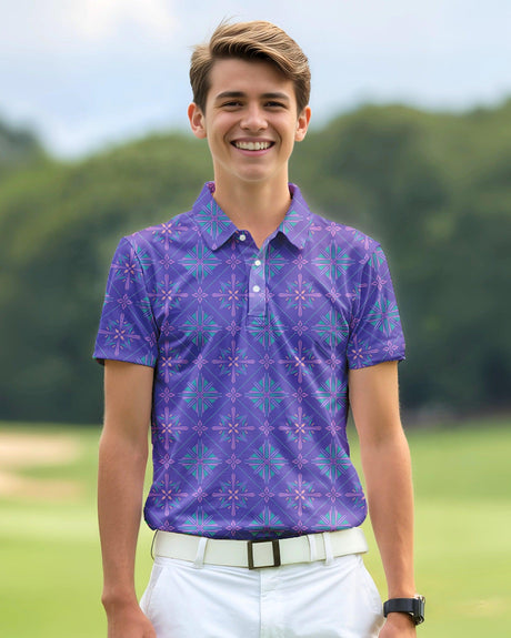 Teenager wearing a purple patterned polo shirt on a golf course
