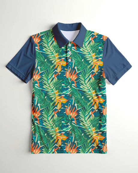 Tropical patterned shirt with blue collar on a light gray background
