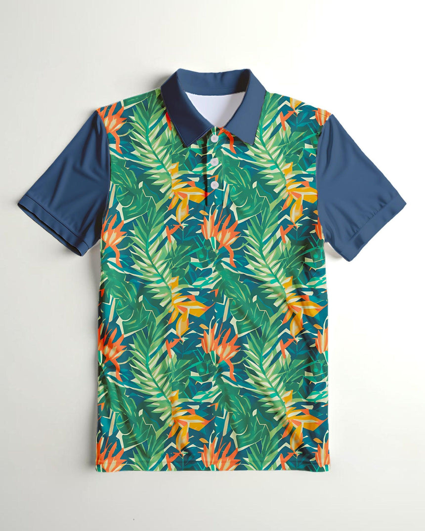 Tropical patterned shirt with blue collar on a light gray background